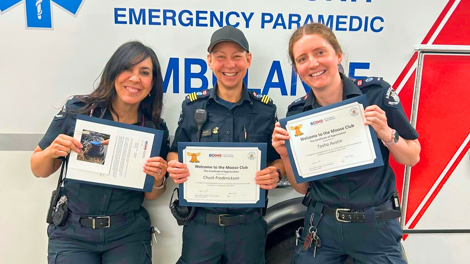 Jennifer Shaw, Chandra Frederickson, Tash Austin all smiling with moose club certificates