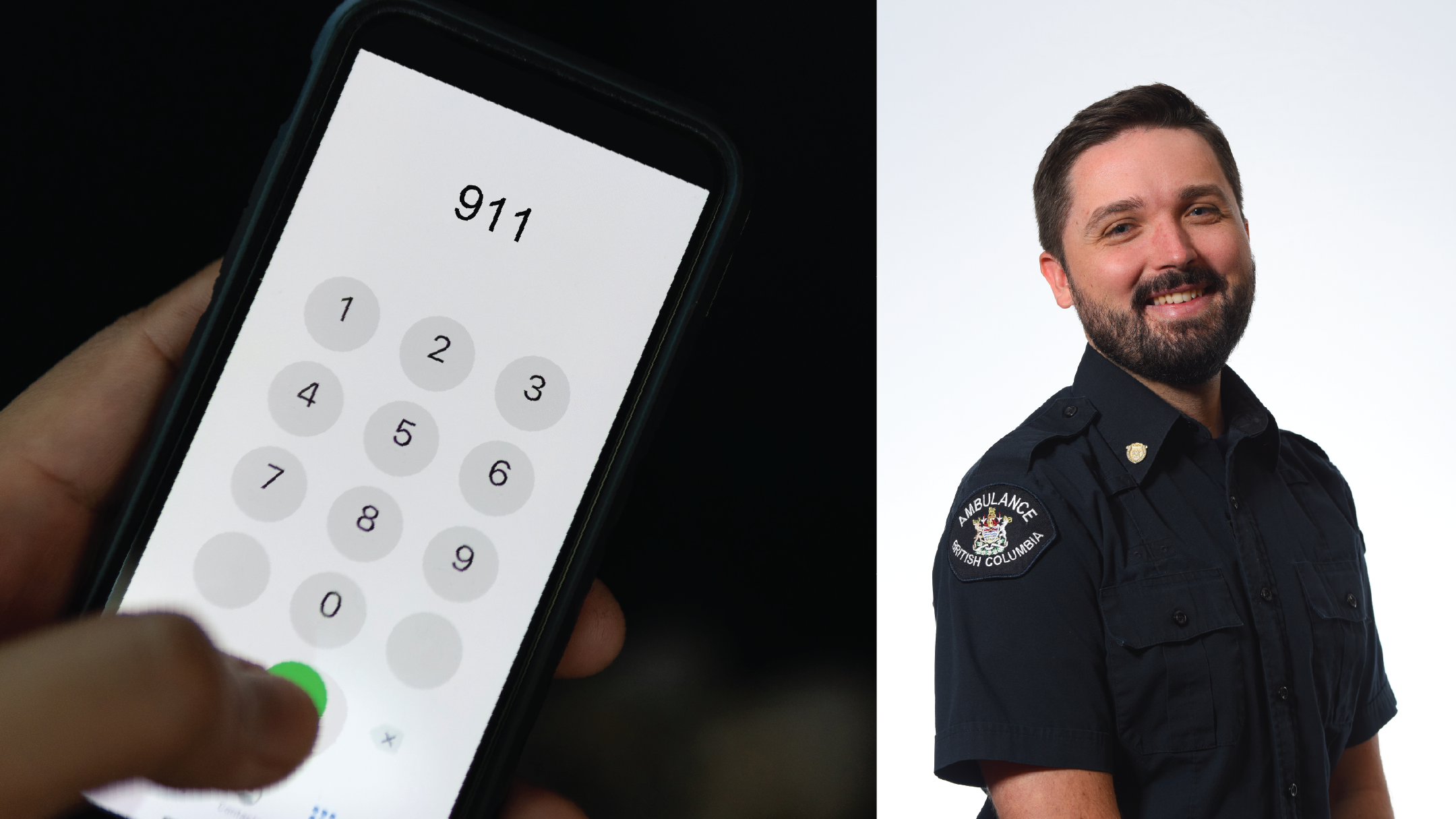 dialing 9-1-1 on a cell phone beside a photo of call-taker Adam Nataros