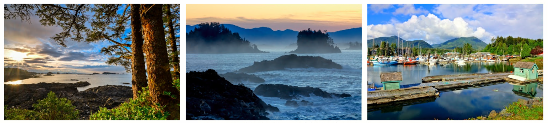 Sunset on wild coast, misty sunrise on Ucluelet rocks, boats floating in calm sunny harbour