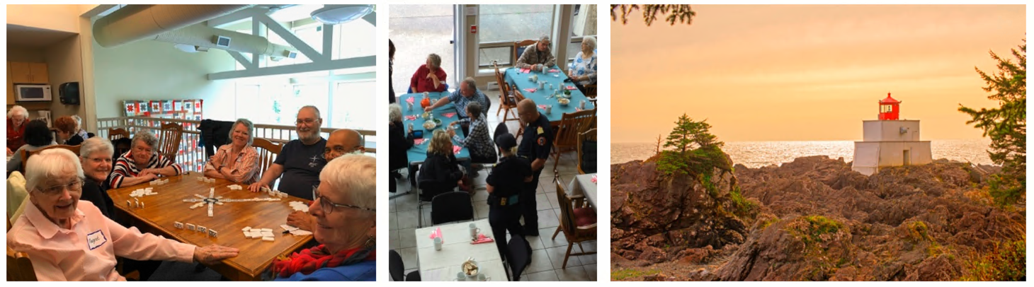 Seven residents play dominos, dining room of residents eating together, lighthouse on a rocky point