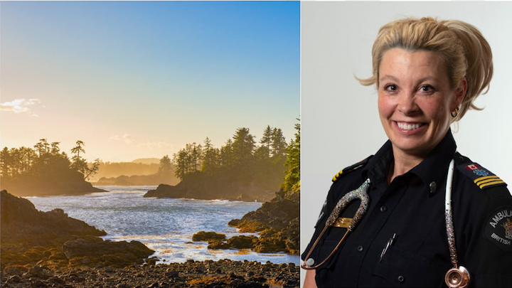 Shoreline at wild pacific trail in Ucluelet at sunset, beside headshot of Rachelle Cole