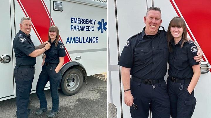 Scott LeFresne, PCP, giving new collar pins to his daughter, Abbi LeFresne, after receiving her PCP license