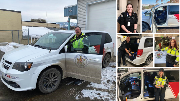 Photo collage of Kamloops paramedics standing with the low acuity response unit minivan