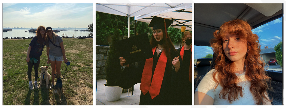 Mady posing for a photo with her mom and dogs in front of water. Mady holder her high school diploma