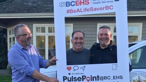 BCEHS director of strategic programs Peter Thorpe, cardiac survivor John Harrison and paramedic Jamie Rodgers