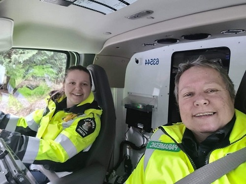 Paramedics Tina and Joy in the cab of an ambulance