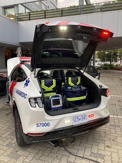 Paramedic equipment in the trunk of a BCEHS electric vehicle