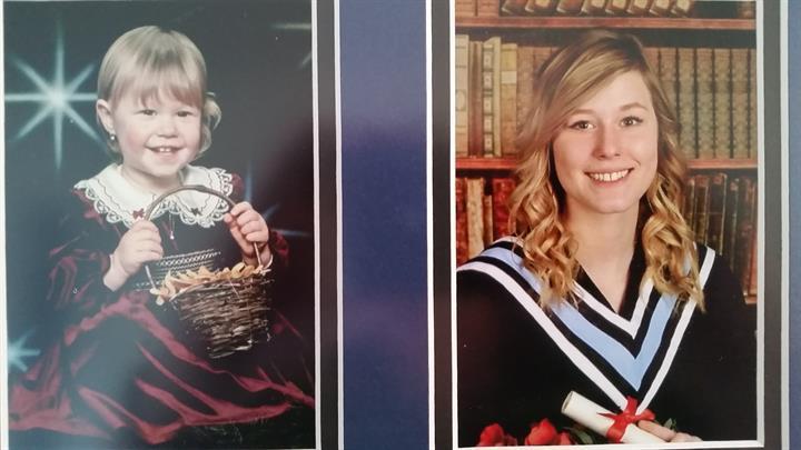 Then-and-now photo of Jayden Arnold as small child and high school grad