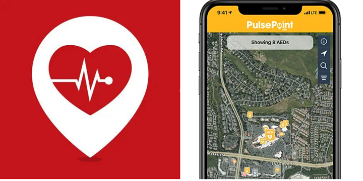 CPR graphic and screenshot of map seen in PulsePoint app, showing locations of AEDs