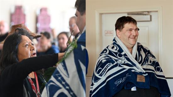 Elder Cyndi Pallen brushed Unit Chief Terry Dyer with cedar branches and also blanketed him.