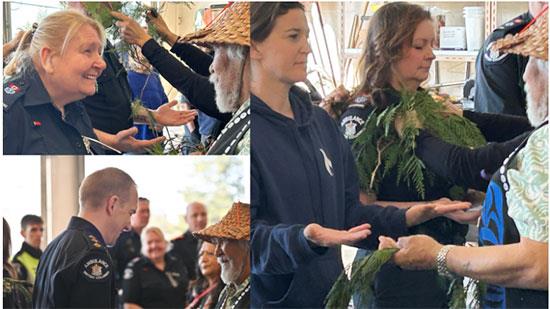 Tla'amin Nation Elder Randoph Timothy Sr. brushes qathet station staff